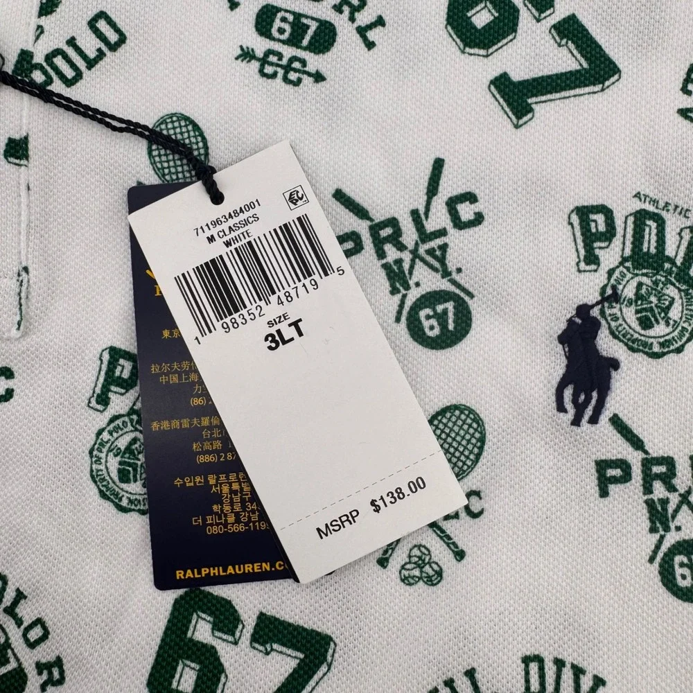 Polo Ralph Lauren Polo Shirt Mens 3XLT White Green Tennis Graphic Print New